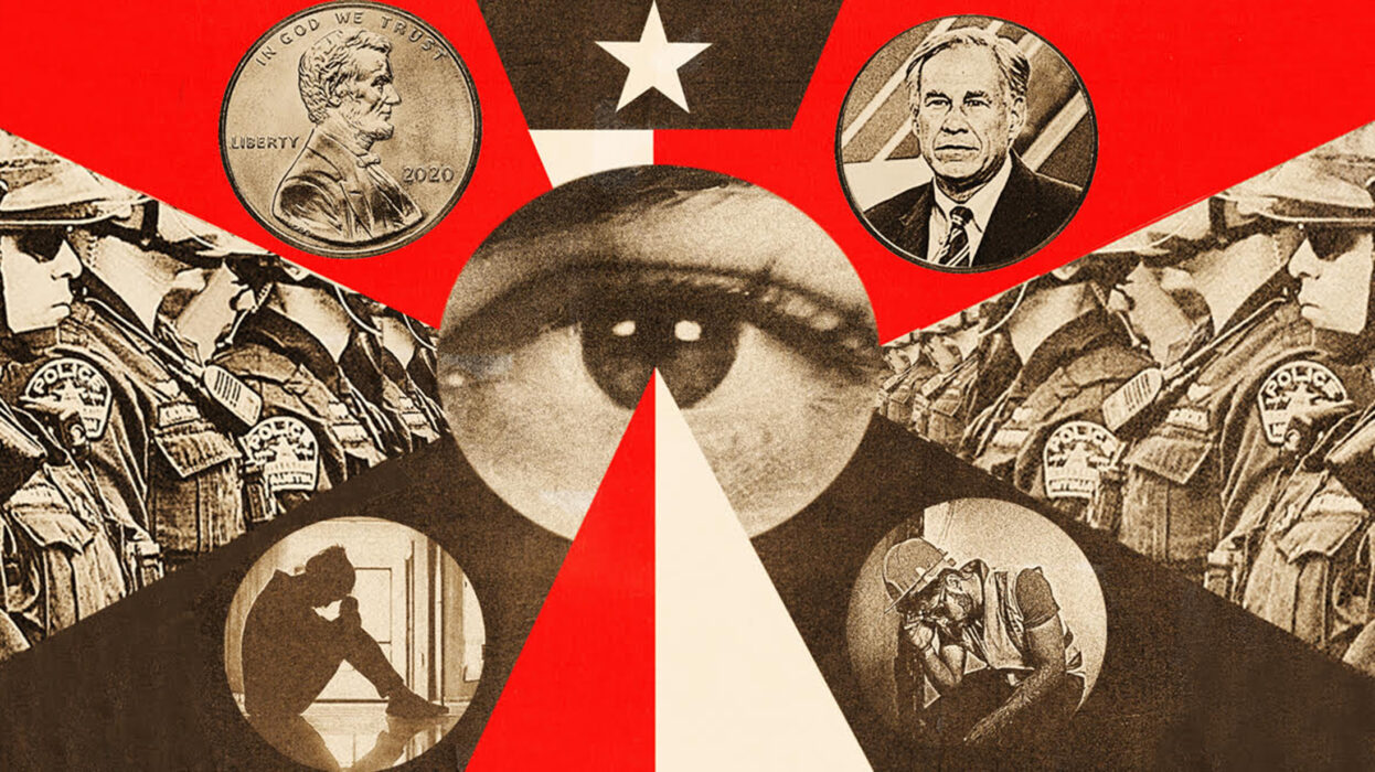 Illustration by Lincoln Agnew of the Texas flag with black and white photos collaged within it, including an image of an eye.