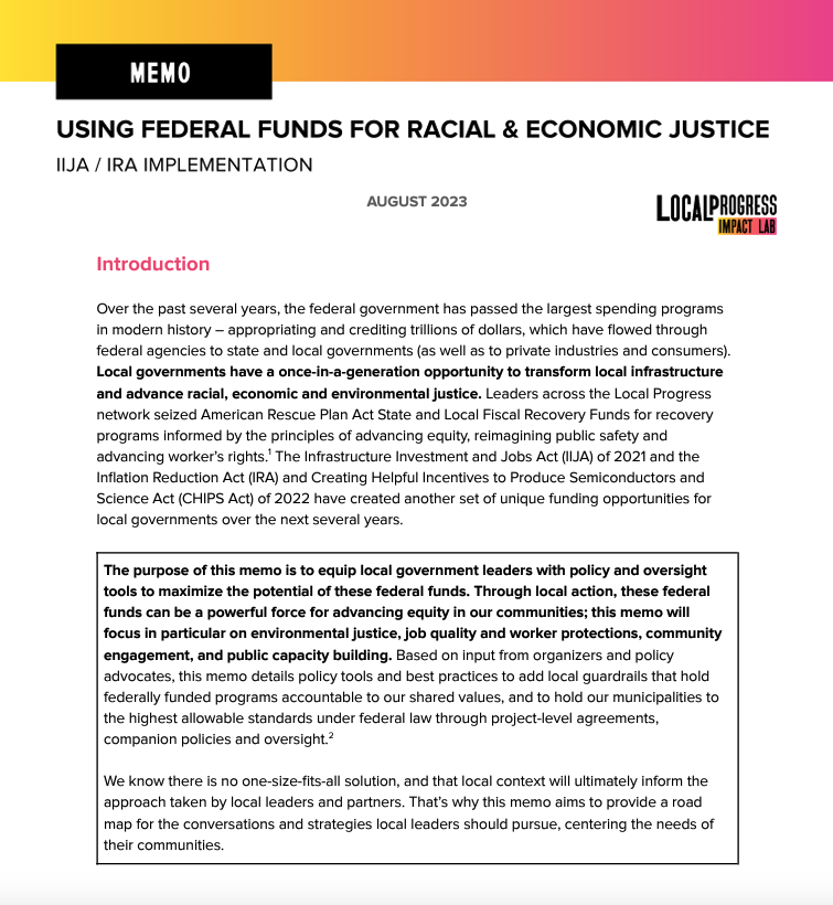 The first page of a Local Progress policy memo titled, 'Using Federal Funds for Racial and Economic Justice."