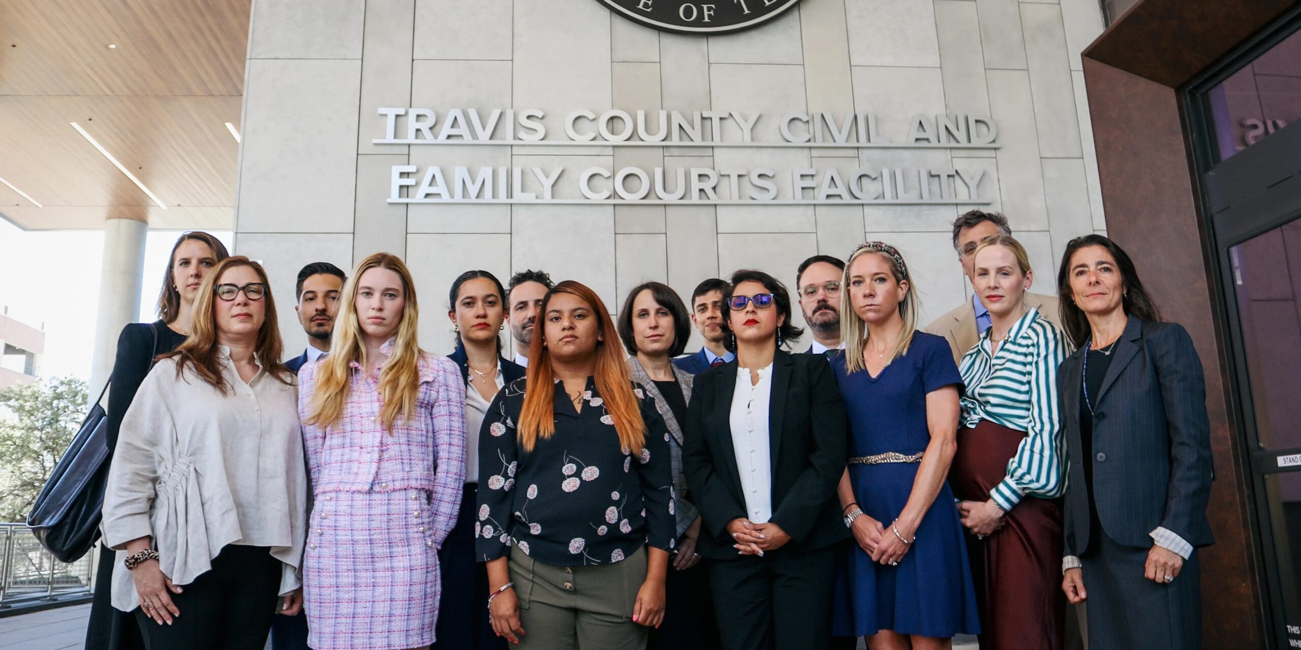 Plaintiffs in a landmark abortion lawsuit against the state of Texas stand outside Travis County District Court in Austin on July 19, 2023. Photo: Courtesy of Center for Reproductive Rights/Splash Cinema