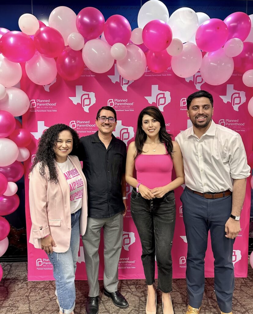 LPTX Chapter Manager Tannya Benavides poses with City of Austin Councilmembers Vanessa Fuentes and Zo Qadri, and Travis County District Attorney Jose Garza in front of Planned Parenthood signs and balloons.