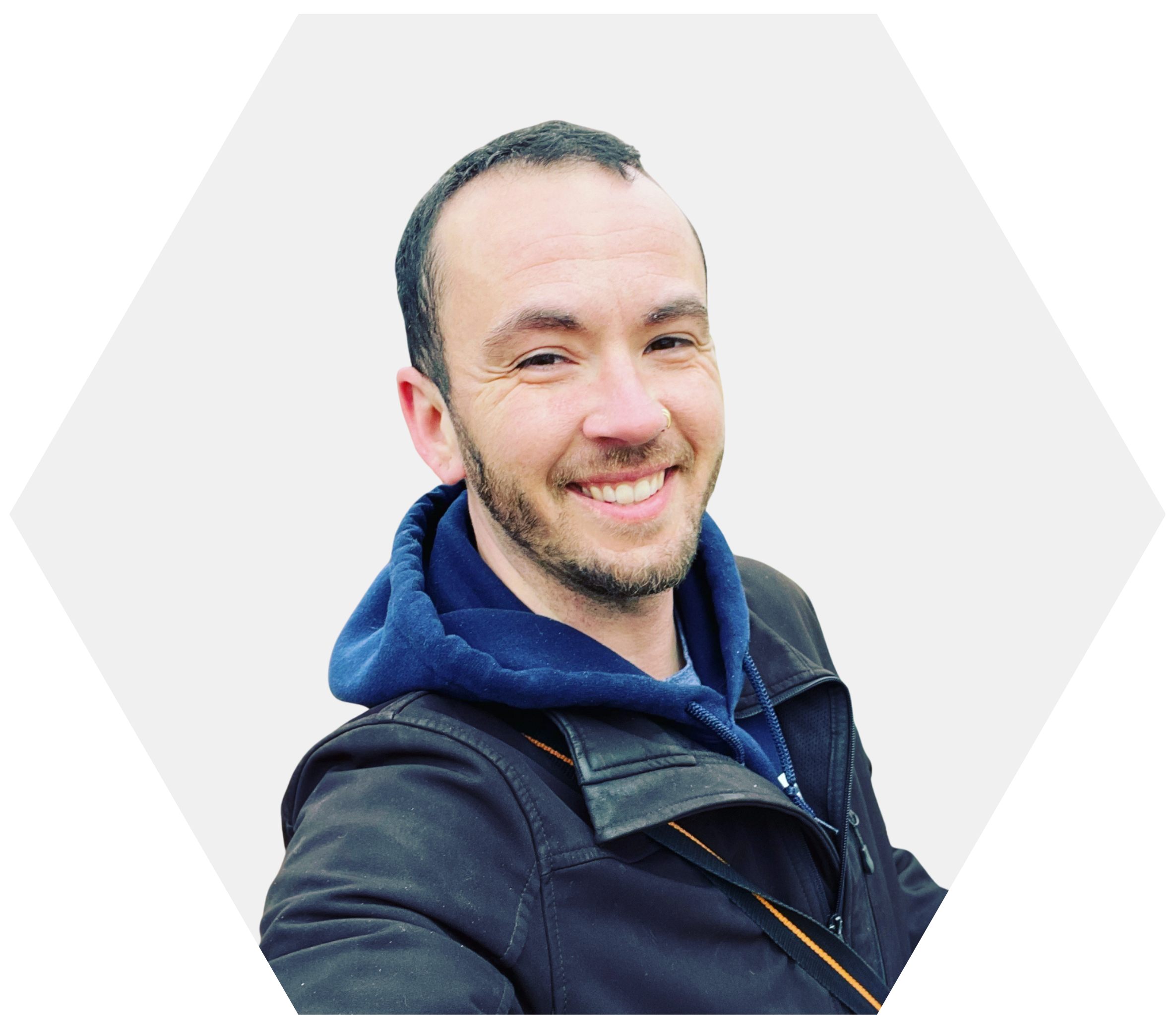 A picture of a man in a jacket with a hoodie underneath