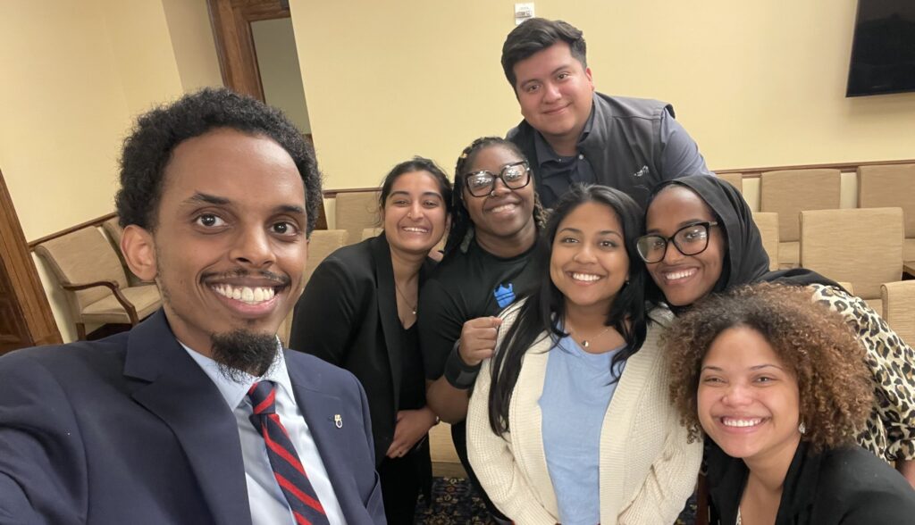 A selfie with LPMN members Aisha Chughtai, Robin Wonsley, Jason Chavez, and Aurin Chowdhury; and state reps Senator Omar Fateh and Rep Hodan Hassan