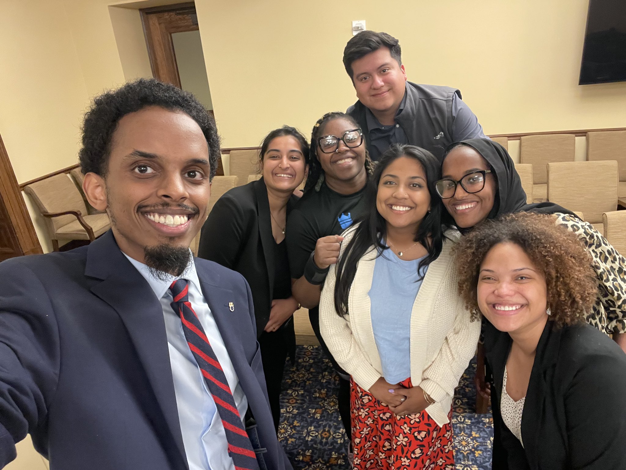 A selfie with LPMN members Aisha Chughtai, Robin Wonsley, Jason Chavez, and Aurin Chowdhury; and state reps Senator Omar Fateh and Rep Hodan Hassan