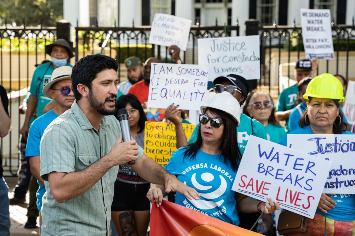 Congressman Greg Casar speaks to protesters at the Governor’s Mansion against the Death Star Bill on Sept. 7, 2023. The protest was organized by the Workers Defense Project who want to protect the mandated rest breaks for workers outlined in local Austin ordinance. | Photo received from Kevin Kim (The Daily Texan)