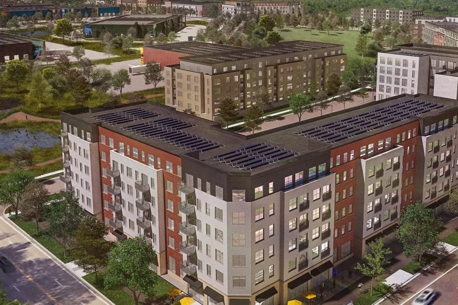 An artist's rendering of the planned residential development at The Heights, a mixed-use development slated to bring 1,000 living wage jobs,1,000 affordable housing units, and strong environmental benefits to Saint Paul's East Side. (Image by LHB Corp)