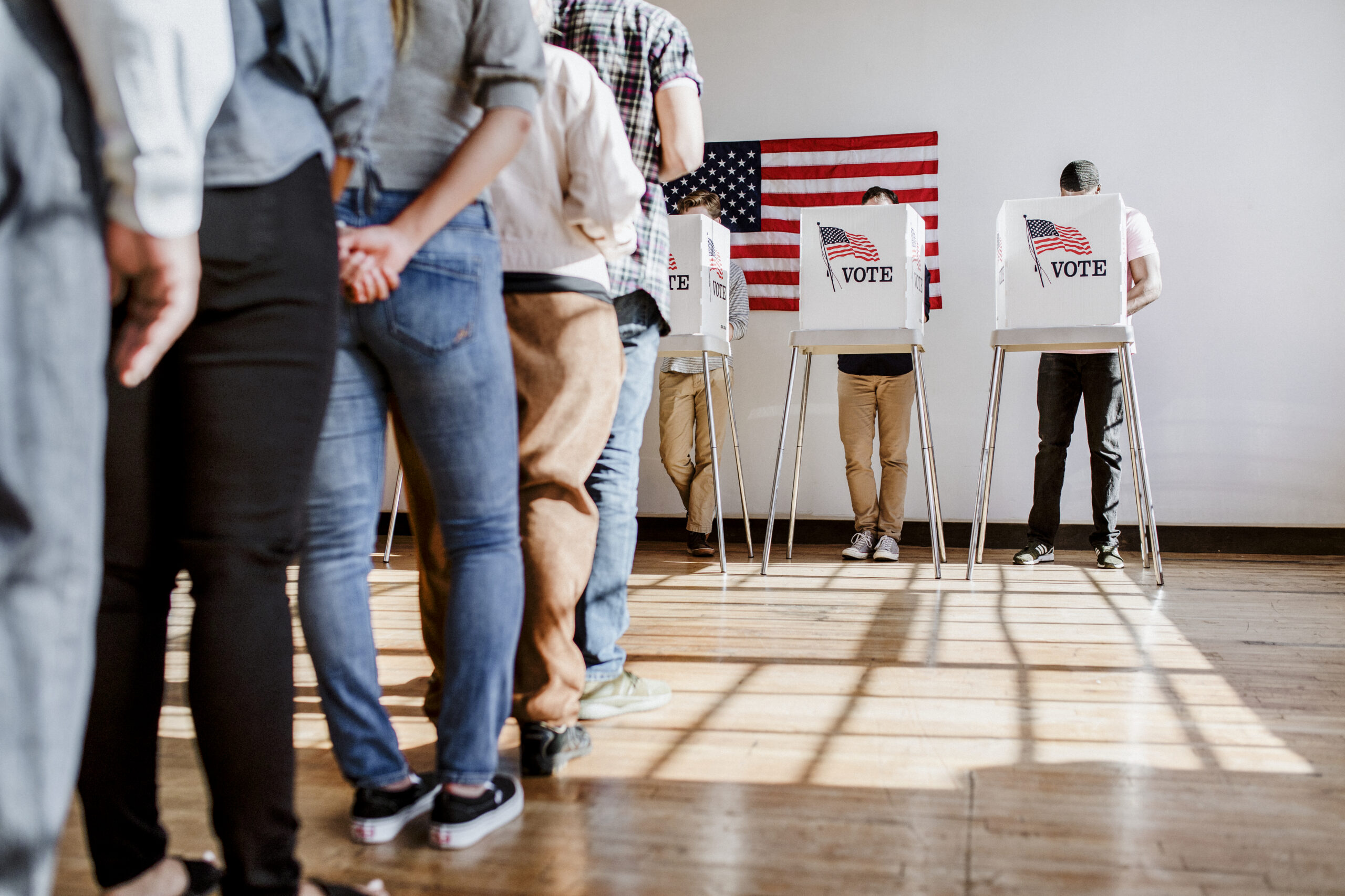 An image of people standing in line to vote from the waist down in the foreground with people voting in the background. Image from All Voting is Local