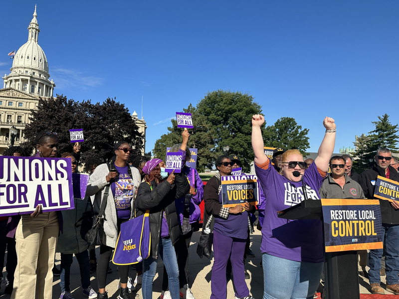 Porchá Perry demonstrates with other workers in Lansing, Michigan, in favor of bills restoring local control to pass workforce and labor policies on Sept.13, 2023. A new report finds growing union organizing across the country has triggered an anti-labor legislative response in some states, but cities and counties are increasingly pushing back. (Photo courtesy of SEIU Local 1)