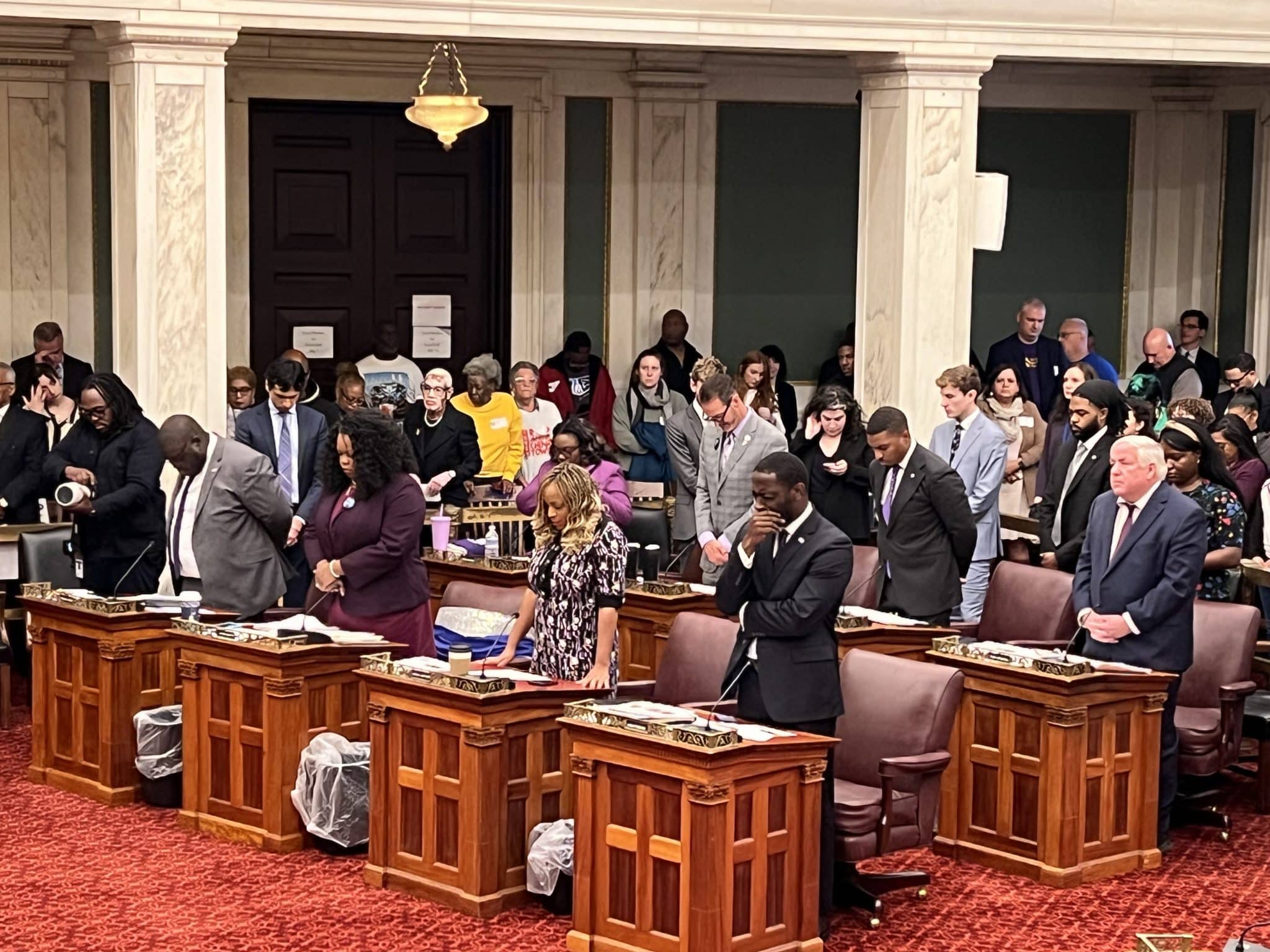 The Philadelphia City Council Committee on Housing, Neighborhood Development, and Homelessness hearing testimony in chambers.