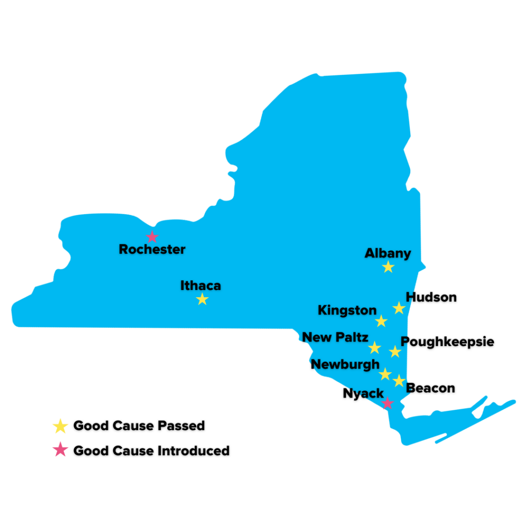 A map of NY denoting where Good Cause has been introduced and where it has been passed