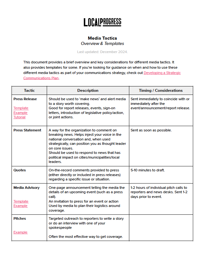 Screenshot of the first page of the resource: Media Tactics – Overview & Templates