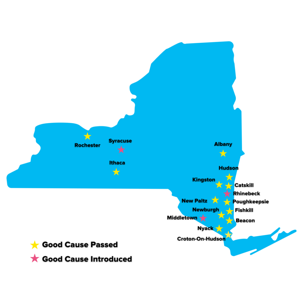 A map of New York with stars denoting where Good Cause has passed and where the policy is being considered