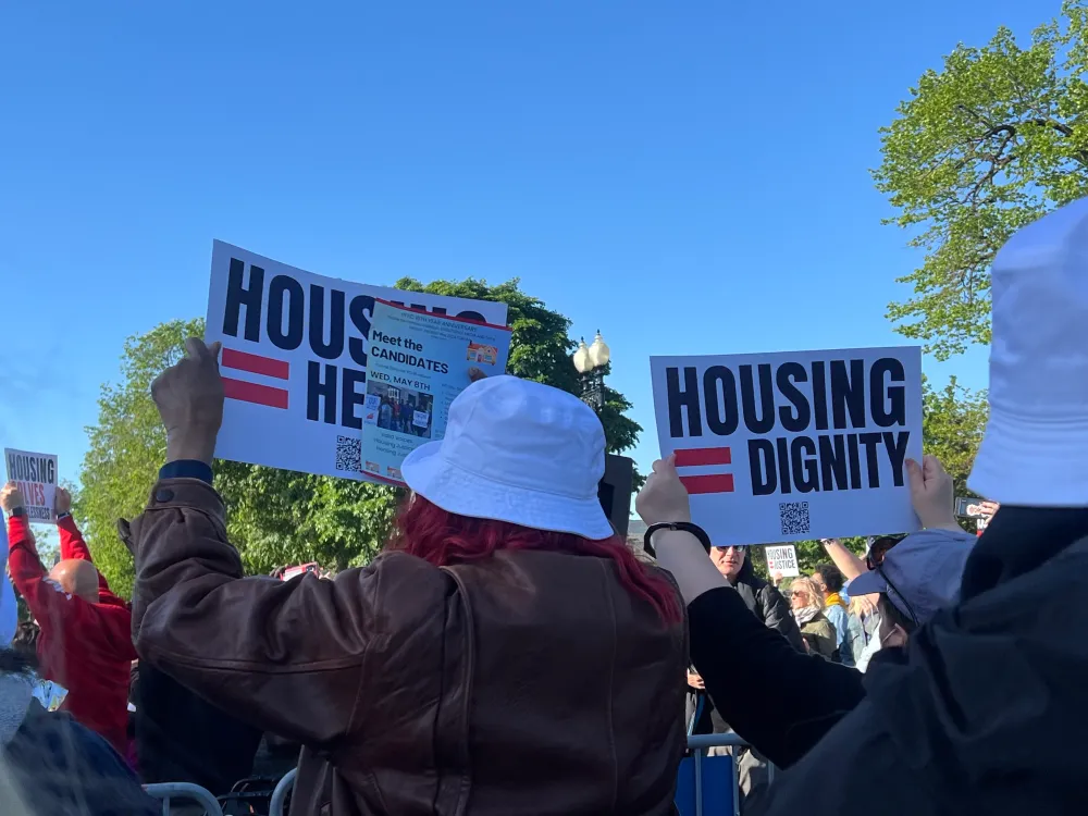 Advocates demonstrate outside the U.S. Supreme Court in Washington on April 22, 2024, during oral arguments for the Grants Pass homelessness case. Aparna Raj/ Local Progress/Handout via Thomson Reuters Foundation