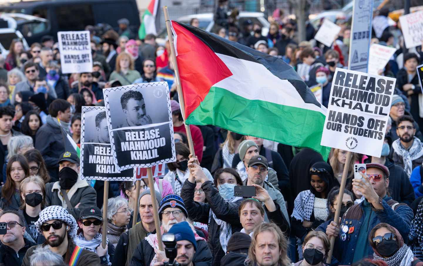 Protesters gather in Manhattan’s Foley Square on March 10, 2025, to protest the arrest of Mahmoud Khalil. (Barry Williams / New York Daily News / Tribune News Service via Getty Images)