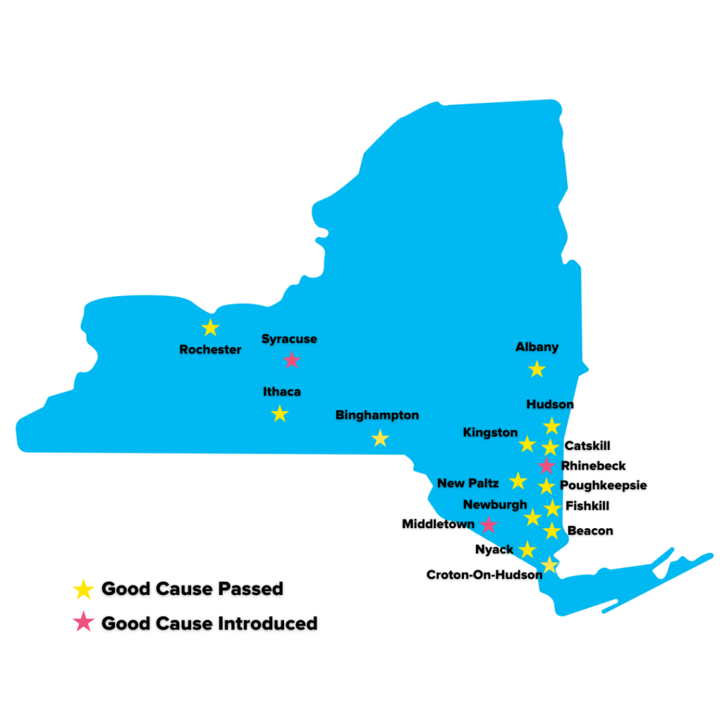 A map of NY with stars denoting where Good Cause has passed and where it's been introduced