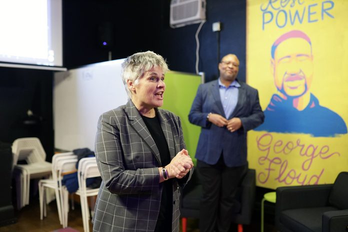 Hennepin County Attorney Mary Moriarty who was sworn into office on Tuesday, Jan. 3, 2023 speaking at the All Square restaurant in Minneapolis on Thursday, Jan. 5, 2023 where supporters gathered to celebrate her election. Mshale Staff Photo by Panashe Matemba-Mutasa