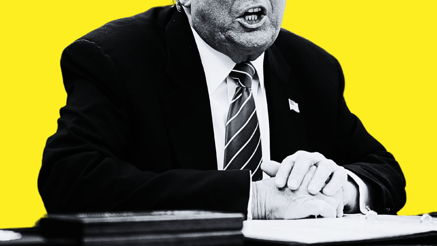 A black and white image of Trump with a yellow background.