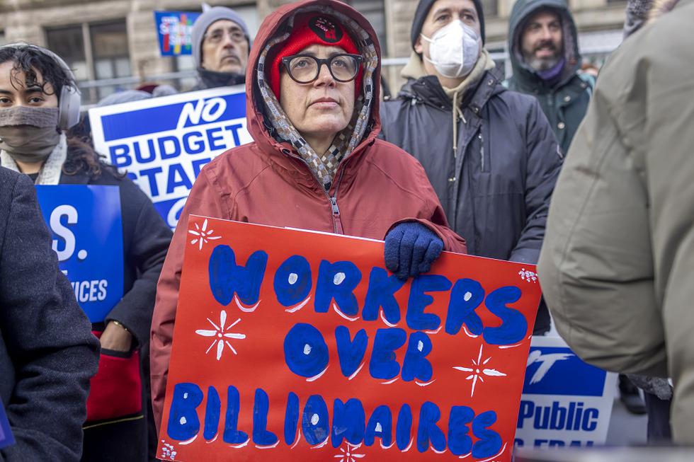 Michael Nigro/Sipa USA via AP Images Federal workers and protesters speak out against ﻿President Donald Trump and Elon Musk, February 19, 2025, in New York City.