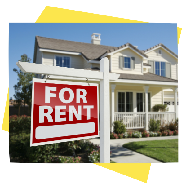 A house with a red "For Rent" sign outside.