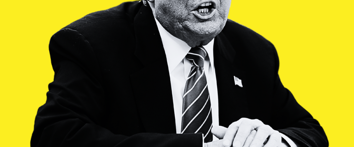 A black and white photo of President Trump on a yellow background.
