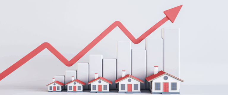 An arrow rises to indicate rising housing costs.