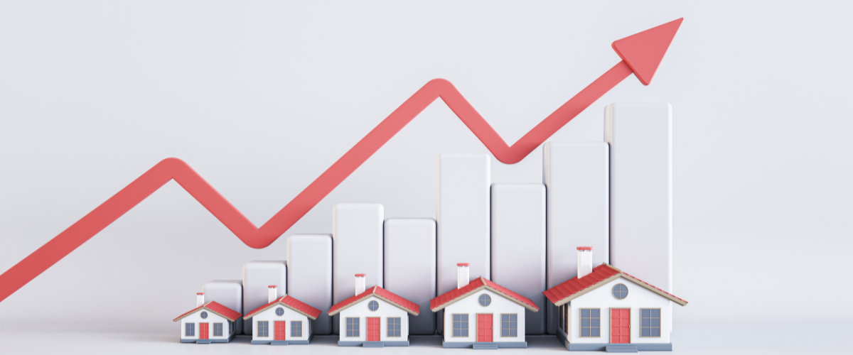 An arrow rises to indicate rising housing costs.