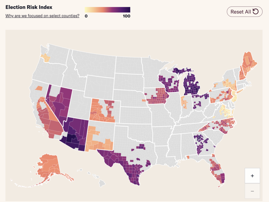 A map of the United States with certain counties colored in